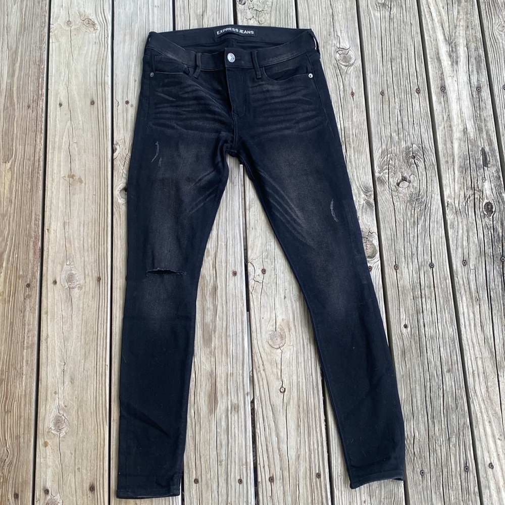 Express distressed black skinny jeans